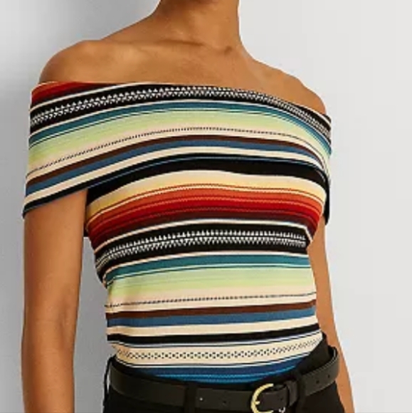 Lauren Ralph Lauren Striped Off-Shoulder Sweater Top Only Black Multicolor - Picture 2 of 14